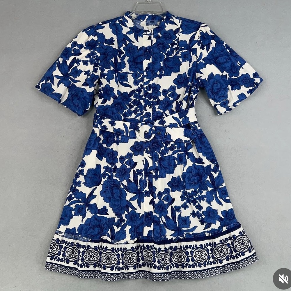 Joie Blue and White Floral Puff sleeve belted Dress